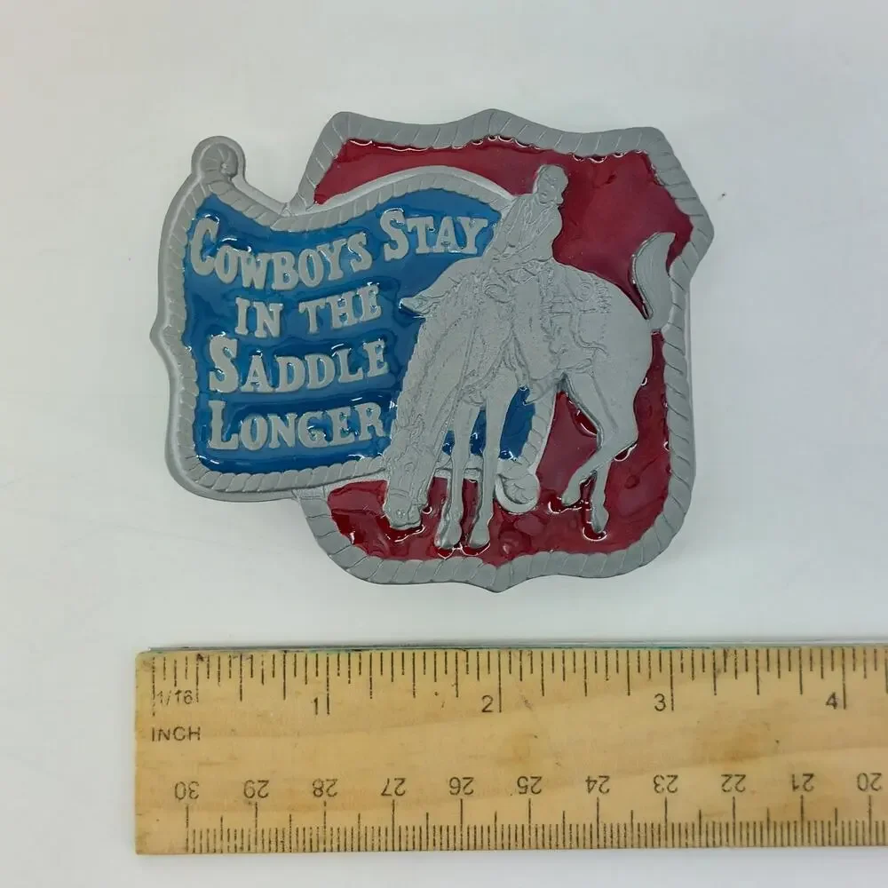 Cowboys Stay in the Saddle Longer Red Blue Enamel Belt Buckle